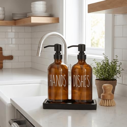 Soap Dispenser Set with Ceramic Tray, Amber & Black