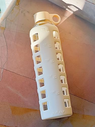 40oz / 32oz / 22oz / 12oz Borosilicate Glass Water Bottle with Time & Volume Markers, Silicone Sleeve, Stainless Steel Lid | Reusable Glass Bottle for Water & Juice