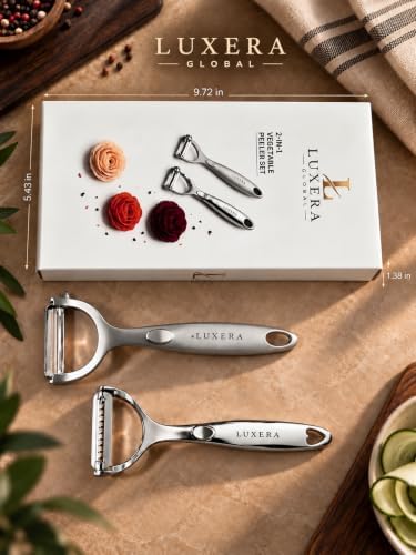 LUXERA Vegetable Peeler Set, 2 Pack Stainless Steel Peelers, Fine Serrated Peeler & 2-in-1 Reversible Julienne Peeler for Potato, Carrot, Apple & More.