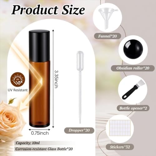 20 Pack Glass Roller Bottles for Essential Oils, 10ml, Black, Obsidian - Image 4