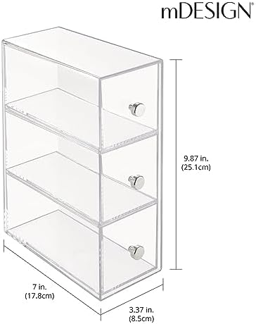 Plastic Kitchen Pantry Stackable Storage Organizer Container Station with 3 Drawers for Cabinet, Countertop, Holds Coffee, Tea, Sugar Packets, Creamers - Lumiere Collection - Clear