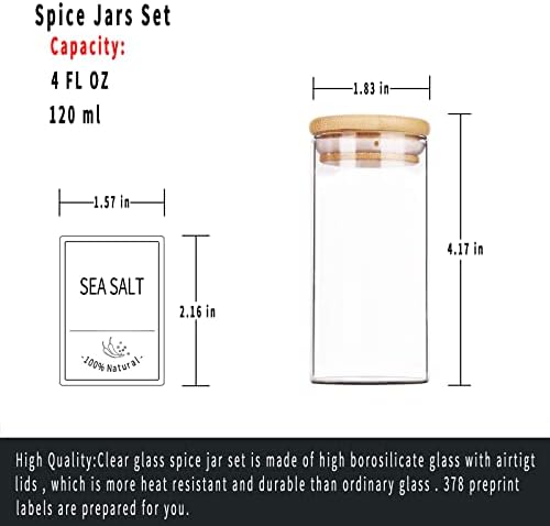 24 Empty Glass Spice Jars with Labels, 4 oz, Bamboo Lids