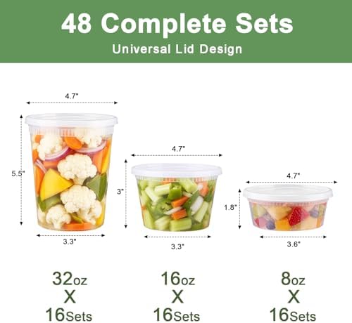 Deli Containers with Lids 48 Sets, 32/16/8 oz X 16 Set Each