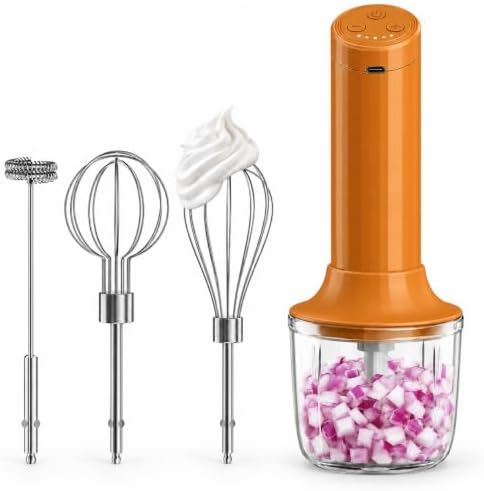 Cordless Hand Mixer, 4-in-1 Handheld Electric Mixer with Electric Whisk Frother & 10 oz Mini Food Chopper, USB-C Rechargeable 4-Speed Hand Mixer for Eggs, Cream, Coffee & Small-Batch Prep by PowCube