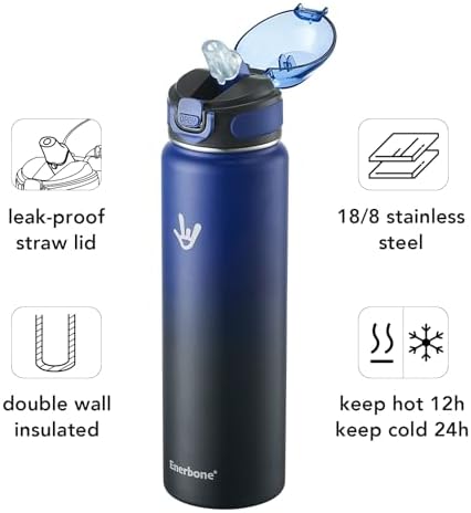 32 oz Insulated Water Bottle, Stainless Steel Bottle with Carrying Strap, Double-Wall Vacuum Insulation Design, Leakproof Sports Bottle with Straw, Keep Drinks Cold or Hot for Hours