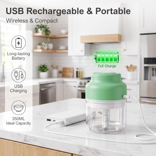2026 New Electric Garlic Chopper, Mini Portable Veggie Chopper USB Charging Wireless Food Processor, Upgrade Electric Mini Garlic Chopper Set Wireless Veggie Grinder (Green, 350ML) - Image 6