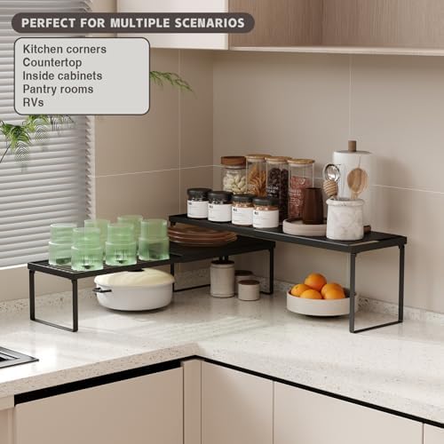 Expandable Cabinet Shelf Organizer, 2 Pack Stackable Kitchen Counter Shelf Riser, Metal Spice Rack Heavy Duty Countertop Organizer Storage for Kitchen, Pantry, Cupboard, Rv (5.9in Height,Black)