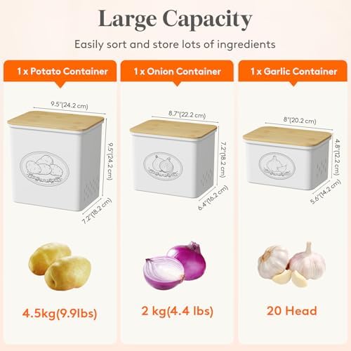 Plastic Potato and Onion Storage Bin Box, Set of 3, White