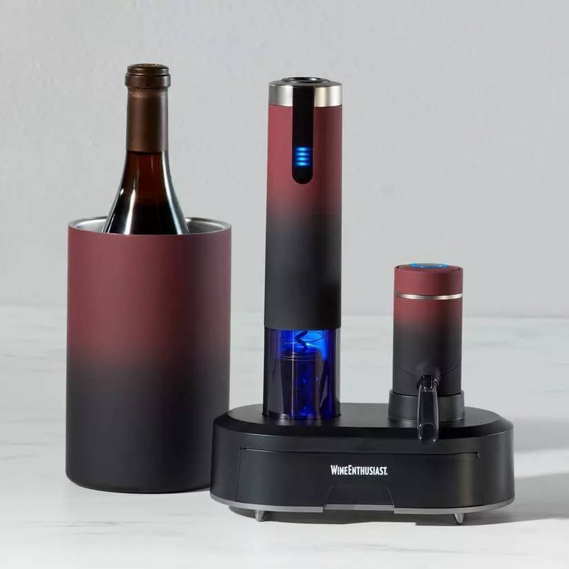 Electric Blue Omega All-In-One Automatic Wine Opener & Preserver Set - Fully Electric Corkscrew with Charging Station & Accessories – Aerate Wines & Seal Bottles, 7 Piece Set (Ombre)
