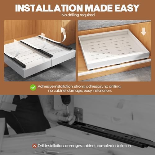 2 Pack Pull Out Cabinet Organizer for Wide Cabinets,Expandable 15.1"-26.3" Width,21" Deep Slide Out Drawers With Raising Pad for Framed Cabinets,3 Slide Rails,No Drill Roll Out Shelves,White