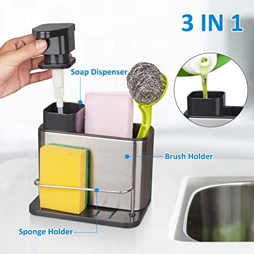 Soap Dispenser for Kitchen Sink, 3-in-1 Sponge Holder for Kitchen Sink Caddy, Stainless Steel Kitchen Sink Organizer Tray Drainer Rack, Rustproof Dish Soap Dispenser Brush Holder Countertop