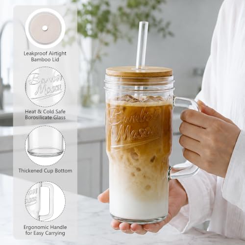 Glass Cups With Lids And Straws, Leakproof Tumbler 24oz Mason Jar Coffee Cup, Cap Cup Leak-Proof with Straw, Reusable Iced Coffee Smoothie Matcha Cup Aesthetic Coffee Gifts Women 2pc