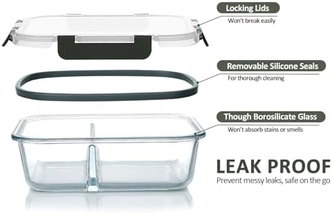 10 Pack,30 oz, 2 Compartments Glass Meal Prep Containers with Lids