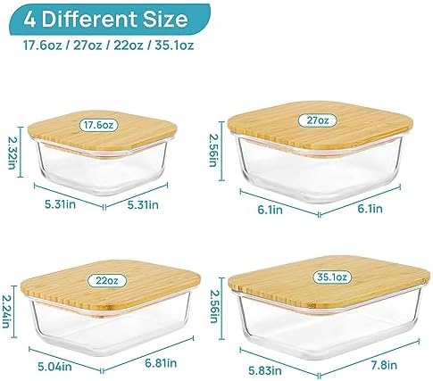 4 Pack Glass Food Storage Containers with Bamboo Lids Meal Prep