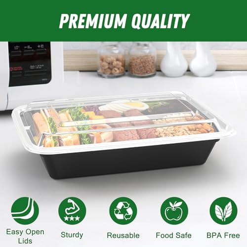 50 Pack (100-Piece) 32 oz Meal Prep Containers with Easy Open Lids, Black