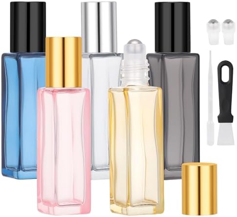 Segbeauty 0.34oz 5pcs Thick Glass Roll on Bottle for Eye Essence, 10ml Empty Refillable Essential Oil Roller Bottles for Travel with Dropper, Roller Ball Applicator for Perfume Travel Containers by Segbeauty