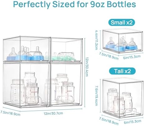 Clear Stackable Storage Drawers Set of 4, Baby Bottle Organizer
