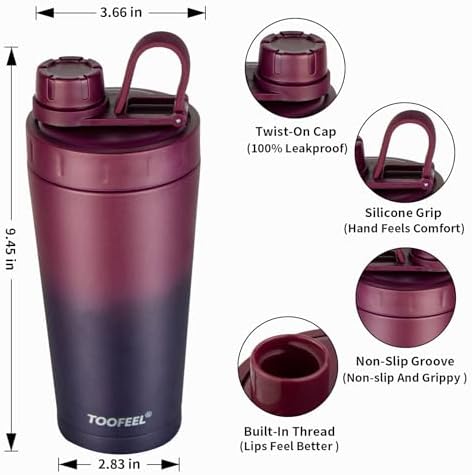 TOOFEEL Stainless Steel Shaker Bottle - 20 oz Double Walled Insulated Protein Shaker Cup, Keeps Cold/Hot for Gym Workout - Image 4