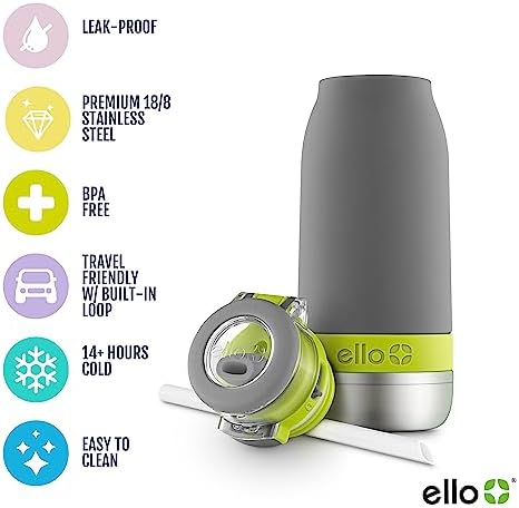 Emma 14oz Vacuum Insulated Stainless Steel Kids Water Bottle with Straw and Built-in Carrying Handle and Leak-Proof Locking Lid for School Backpack, Lunchbox and Outdoor Sports, Gray