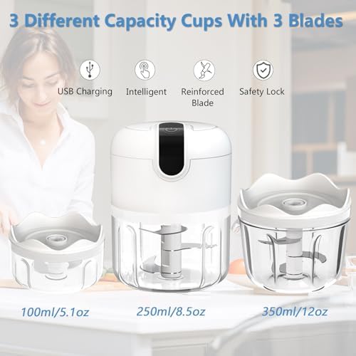 (100+250+350ML) White 3 Pcs Cordless Mini Food Chopper,Small Food Processor for Garlic,Nut,Meat - Image 5