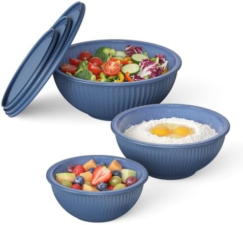 GENICOOK 3 Set Blue Ribbed Glass Mixing Bowls Set with Lids, BPA Free by GENICOOK