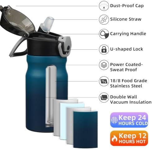 BJPKPK 14 oz Insulated Water Bottle, Straw, Handle, Stainless Steel Flask - Image 2