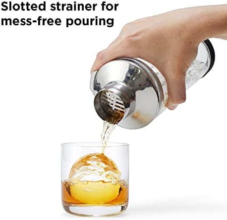 18 oz Glass Cocktail Shaker with Printed Measurements, Multi-Use Stainless Steel Topper with 1.5 oz Jigger Cap and Strainer, 3.94 x 3.54 x 9.06 IN