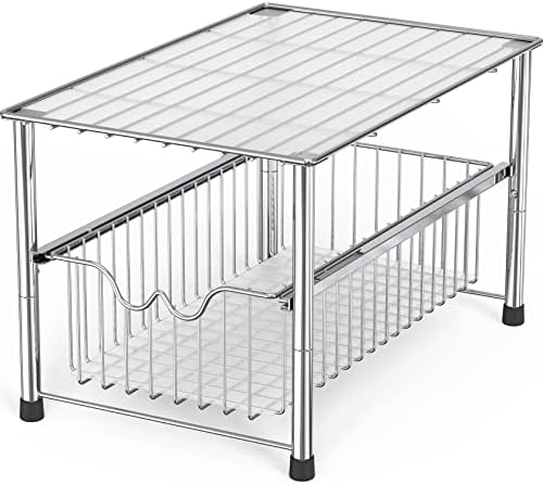 Stackable Under Sink Organizer with Sliding Basket, Chrome