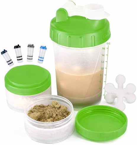 Hydro2Go 16oz Protein Shaker Bottle with Shaker Ball and 2 Storage Jars | BPA-Free Plastic Cup with Clear Measurement Scale | Perfect for Protein Mixes and Pills | Portable Pre-Workout Drink Cup（Green by Hydro2Go