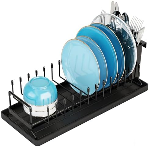 Small Dish Drying Rack - Compact Dish Rack for Kitchen Counter with Silicone Dish Drying Mat, Stainless Steel Dish Drainer for Kitchen Sink Cabinet, Space Saving Plate Rack Cutlery Holder