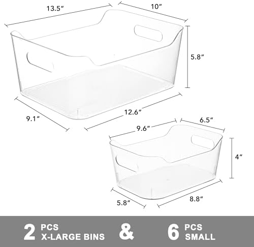 Set of 8 Clear Plastic Storage Bins, 2 Extra Large and 6 Small Storage Containers for Pantry Organization, Multi-Use Organizer Bins for Home, Kitchen, Cabinet, Bathroom, Fridge & Freezer