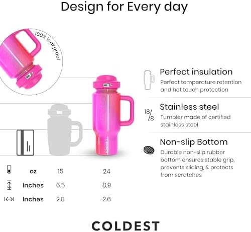 Coldest Tumbler with Handle and Coffee Lid - 100% Spill Proof Tumbler with Straw (3 Lids) - Stainless Steel Insulated Leakproof Tumblers for Women & Men - Cup Holder Friendly - 24 oz (Kissed Dream) - Image 3