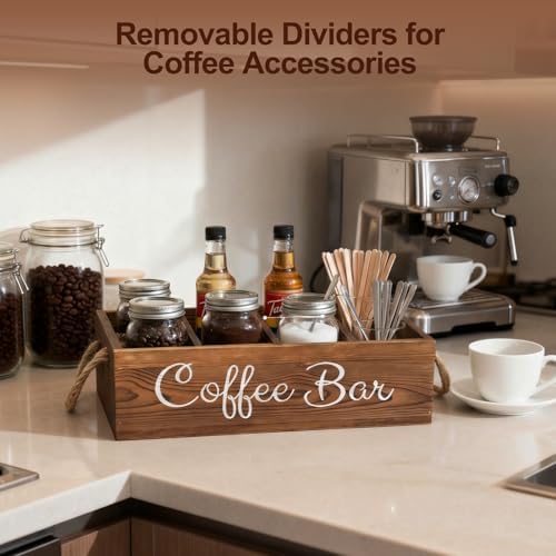 Coffee Station Organizer with Small Removable Dividers, Wooden Coffee Bar Accessories Storage For Countertop, Farmhouse Kcup Coffee Pod Holder Basket With Handle For Coffee Lover