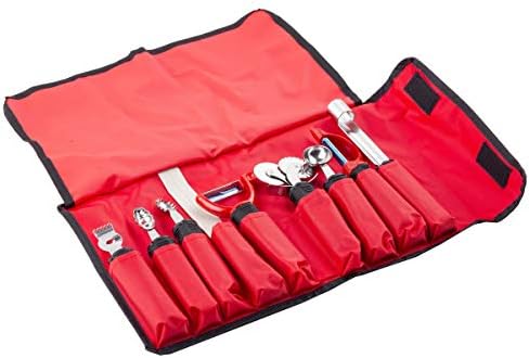 E5600-9 Garnishing Kit, 9-Piece Set with Ergonomic Handles, Red Nylon Case, Includes Zester, Peeler, Knife, Corer, Baller and More, Red