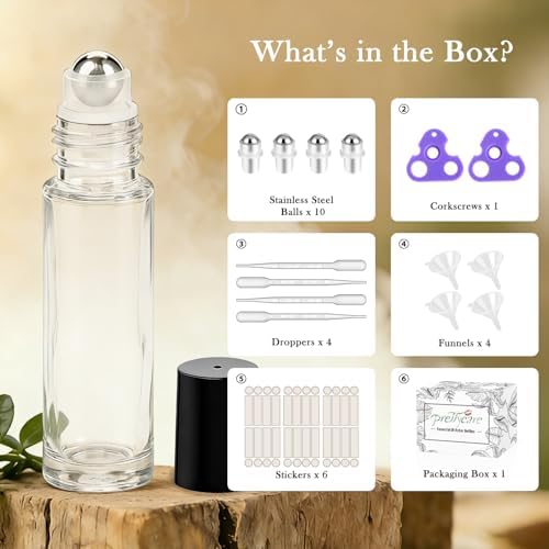 PrettyCare 24 Pack, 10 ml Essential Oil Roller Bottles with Stainless Steel Roller Ball - Refillable Leak-proof Empty Thick Clear Glass Roll on Bottles with Black Caps for Travel, Perfume - Image 2