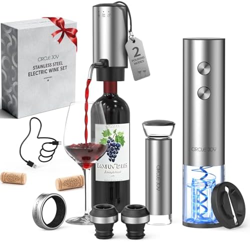 Rechargeable Electric Wine Opener Set 8-in-1 Stainless Steel Automatic Wine Bottle Opener Gift Set w/Electric Wine Aerator Pourer, Foil Cutter, Wine Drip Ring, Vacuum Pump & 2 Wine Stoppers