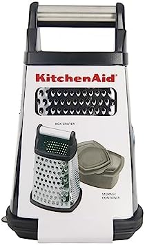 KitchenAid Gourmet Box Grater with Detachable Measuring Container and Lid, Stainless Steel Coarse Medium Fine Grater and Slicer, Dishwasher Safe, Black