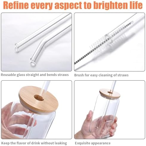 12PCS 20oz Glass Cups with Lids and Straws, 2 Cleaning Brushe