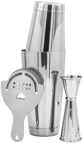 Professional Cocktail Shaker Set Bartending Kit: Weighted Boston Shaker Tins, Hawthorne Strainer and Japanese Jigger