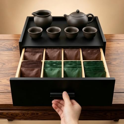 Black Bamboo Tea Bag Organizer Storage Box with Drawer