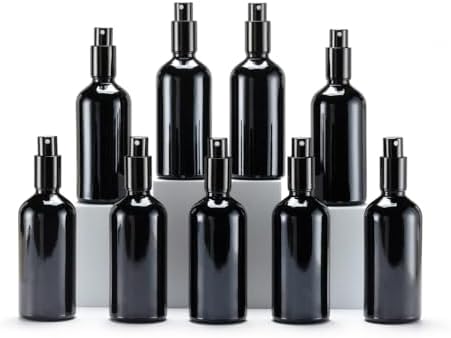 YIZHAO Black Glass Spray Bottles 4oz, with Small Fine Mist Spray, Metal Cap, Refillable for Essential Oil,Travel,Cleaning,Perfume,Aromatherapy,Makeup – 9 Pcs by YizhaoGlassSprayandDropperBottles