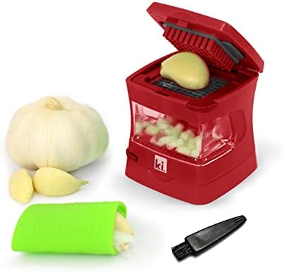 Garlic-A-Peel Garlic Press, Crusher, Cutter, Mincer, and Storage Container - Includes Silicone Garlic Peeler - Easy to Clean - Stainless Steel Blades – (Red), standard by Kitchen+Innovations