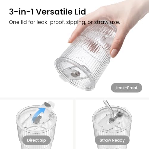 13oz Glass Tumbler with Lid and Straw 4 Pack - Ribbed Glass Cup Iced Coffee Glasses, Clear Leakproof Tumbler Cup for Smoothies, Iced Latte,Matcha, Cold Drinks