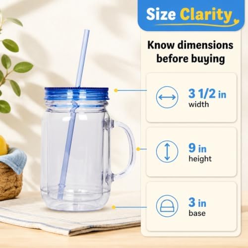 Plastic Mason Jars with Handles, Lids and Straws | 20 oz Double Insulated Tumbler with Straw | 4 Pack Set of 4 | Wide Mouth Mason Jar Mugs | Cups for Kids and Adults…
