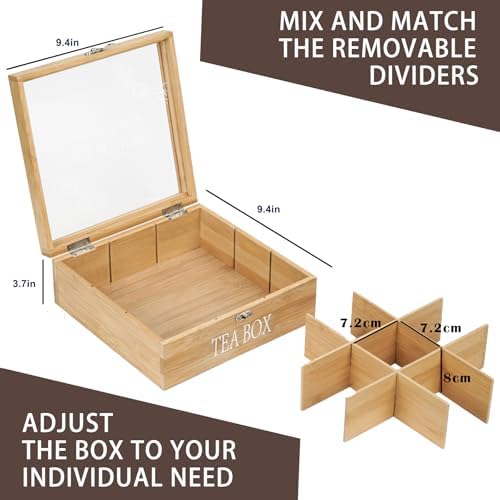 Bamboo Tea Box Organizer,Rustic Tea Storage with 9-Slot