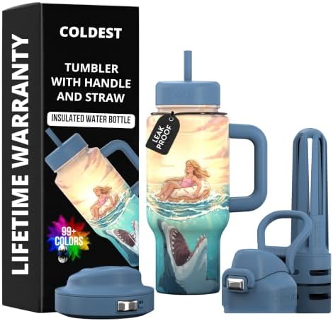 Coldest Tumbler with Handle & Coffee Lid - 100% Spill Proof Tumbler (3 Lids) - Stainless Steel Insulated Leakproof Tumblers for Women & Men - Cup Holder Friendly - 24 oz (Shark Tankathon) by Coldest