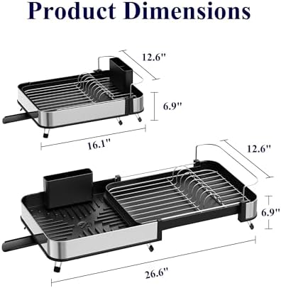 Expandable Metal Dish Drying Rack, 16.1-26.6" L x 12.6" W, Black