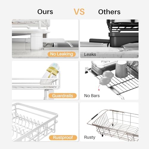 Expandable Dish Drying Rack for Kitchen Counter, Stainless Steel, White