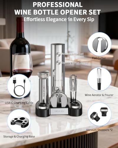 Electric Wine Bottle Opener Set Stainless Steel Rechargeable Wine Opener 8-in-1 Wine Gift Set with Charging base, Foil Cutter, Wine Aerator Pourer, Vacuum Pump & 2 Wine Stoppers, Silver