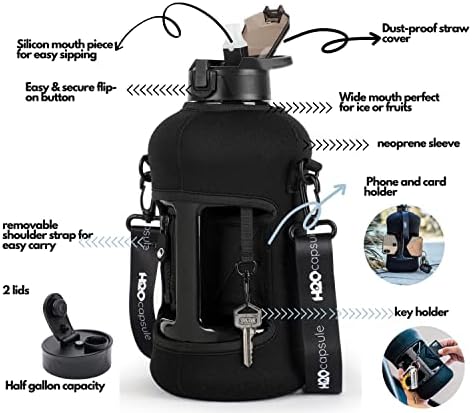 2.2L Half Gallon Water Bottle with Storage Sleeve and Covered Straw Lid – BPA Free Large Reusable Drink Container with Handle - Big Sports Jug, 2.2 Liter (74 Ounce)